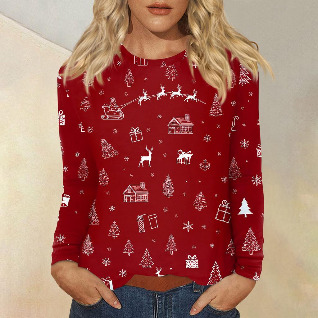 Women's Fashion Casual Christmas Printed Round Neck Long Sleeve Pullover Top