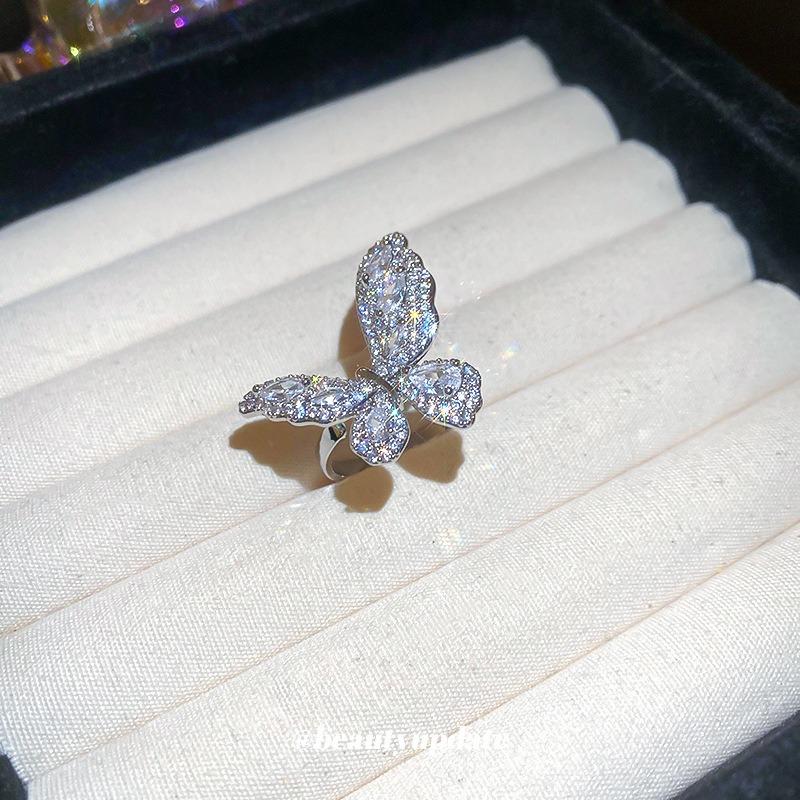Zircon Butterfly Open Ring Super Immortal Temperament Light Luxury Index Finger Ring Mori Sweet Girl High-end Ring Jewelry