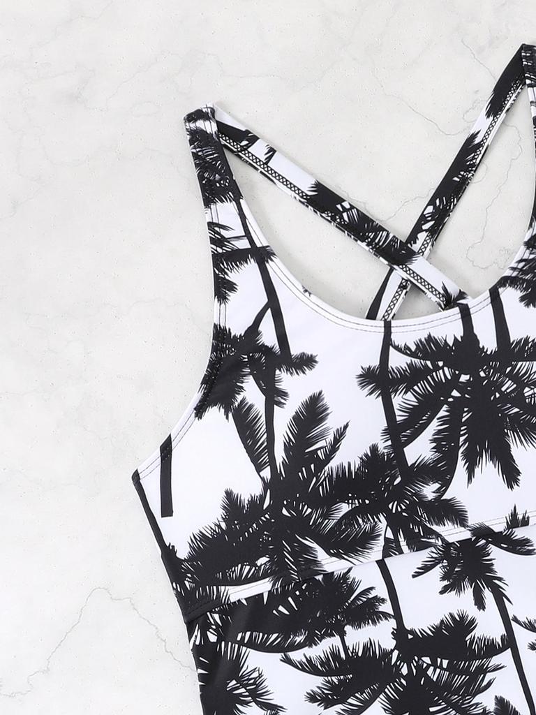 2026 Women's Coconut Tree Print Tankini Set with High-Waisted Briefs