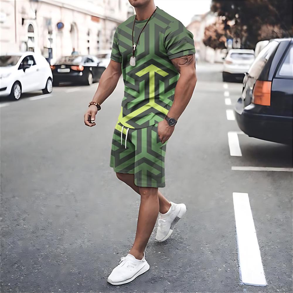 Fashion Men T Shirt Shorts 2 Piece Sets Summer Mesh Tracksuits Oversized T-shirts Suits O Neck Sportswear Print Men's Clothing