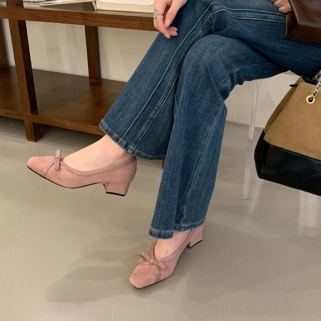 French light mouth single shoes women's spring and autumn new temperament gentle fairy style bow pink commuter thick heel evening shoes