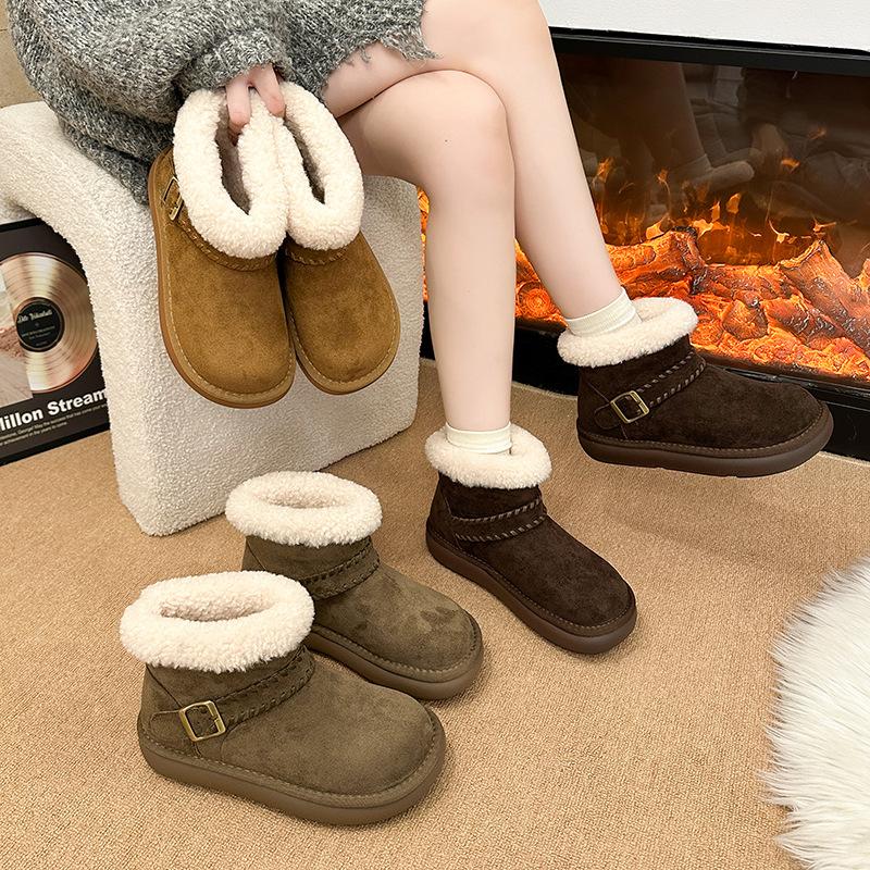 Women's Thick Bottom Winter Belt Buckle Fur One Foot Stirrup Lightweight Warm Anti Cold Padded Snow Boots Non-slip Wear Casual Sneakers Cotton Boots