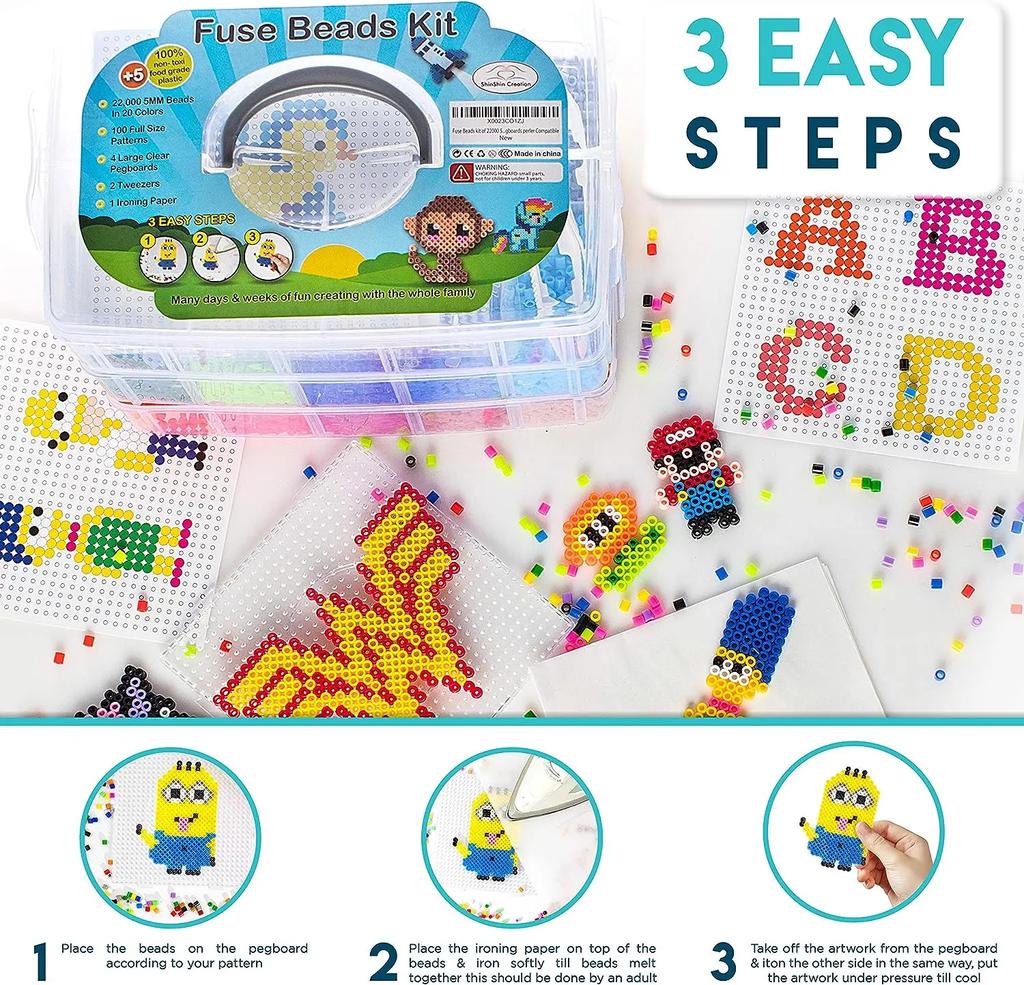 5mm Schmelzperlen Set Hama Perlen Box Bügelpapier Perlen, Steckplatte, Reichhaltiges Zubehör, Schmelzperlen für Mädchen Geschenke Lernspielzeug