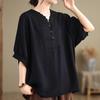 Women's Cotton Linen T-shirt  Summer Retro Loose V-neck  Plus Size Blouse Soft and Skin-friendly Blouse