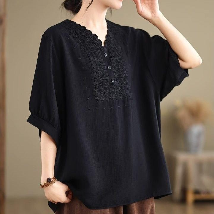 Women's Cotton Linen T-shirt  Summer Retro Loose V-neck  Plus Size Blouse Soft and Skin-friendly Blouse