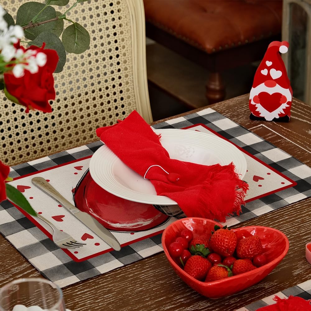 GEEORY Valentine's Day Placemats 12x18 Inch, Hearts Ribbon Bow Polka Dots Farmhouse Holiday Kitchen Dining Table Decoration for Indoor Outdoor Dinner