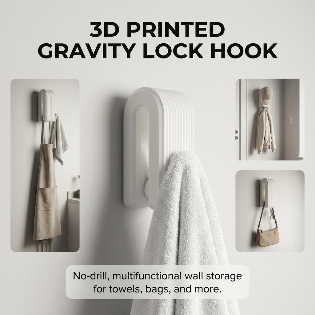 3D Printed Gravity Lock Towel Hook Wall Mounted No Drilling Multipurpose Storage Solution