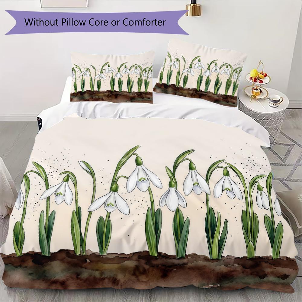White Snowdrop Floral Pattern Bedding uilt Set uilt Cover Pillowcase Home Decoration Birthday Gift (1 * duvet cover + 2 * pillowcase without core)