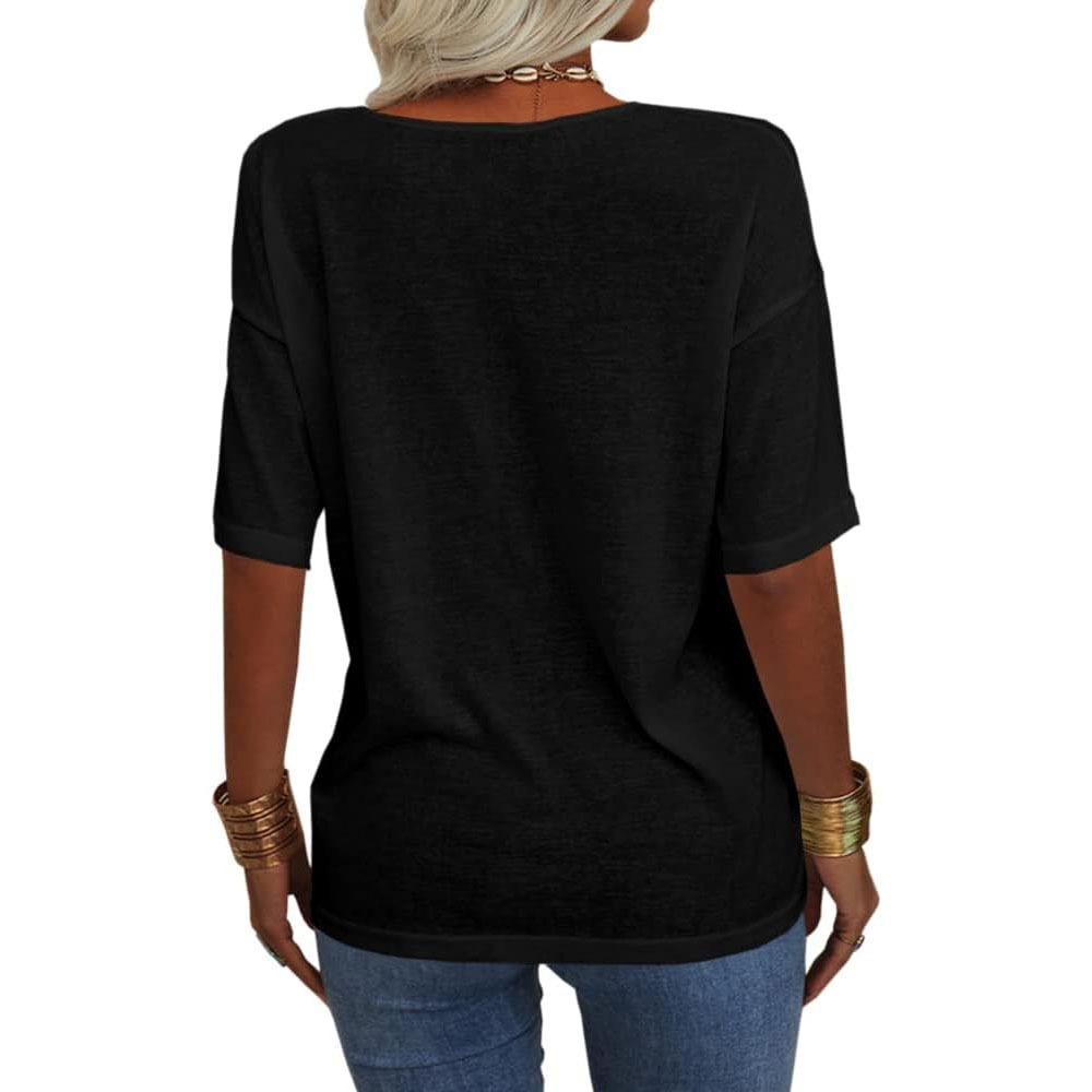 Women Fashion V Neck Tee Shirt Summer Casual Short Sleeve Top Loose Solid Color T-shirt