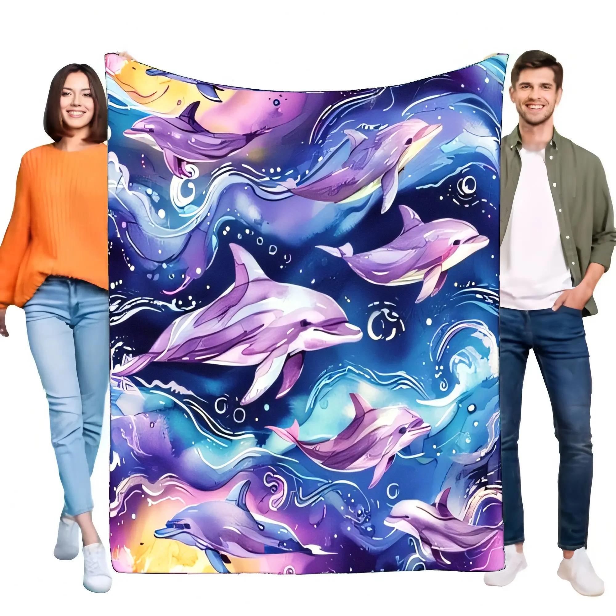 

Soft Fluffy Dolphin Blanket Watercolor Ocean Print Cozy Throw for Bed Sofa Kids Adults Vibrant Marine Life Lightweight Gift 75x90cm