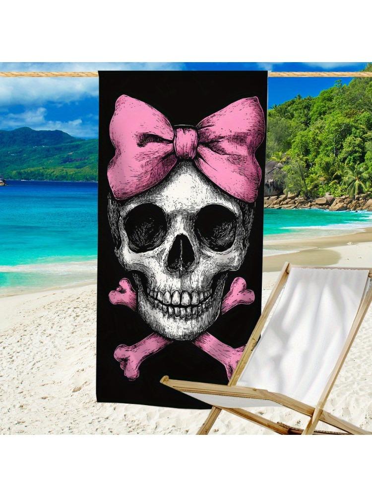 

1pc Modern Skull Bow Design Microfiber Beach Towel Lightweight & Quick-Dry | Machine Washable, Oversized Knit Fabric Blanket W30*H60(CM)