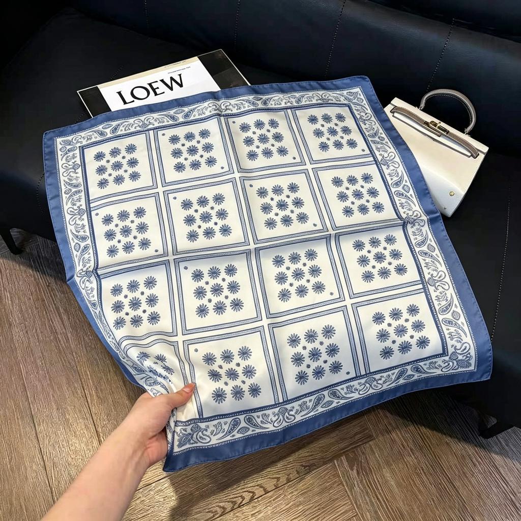 Sen green flower print fresh imitation silk scarf premium versatile square scarf neck protection scarf trendy headscarf scarf women