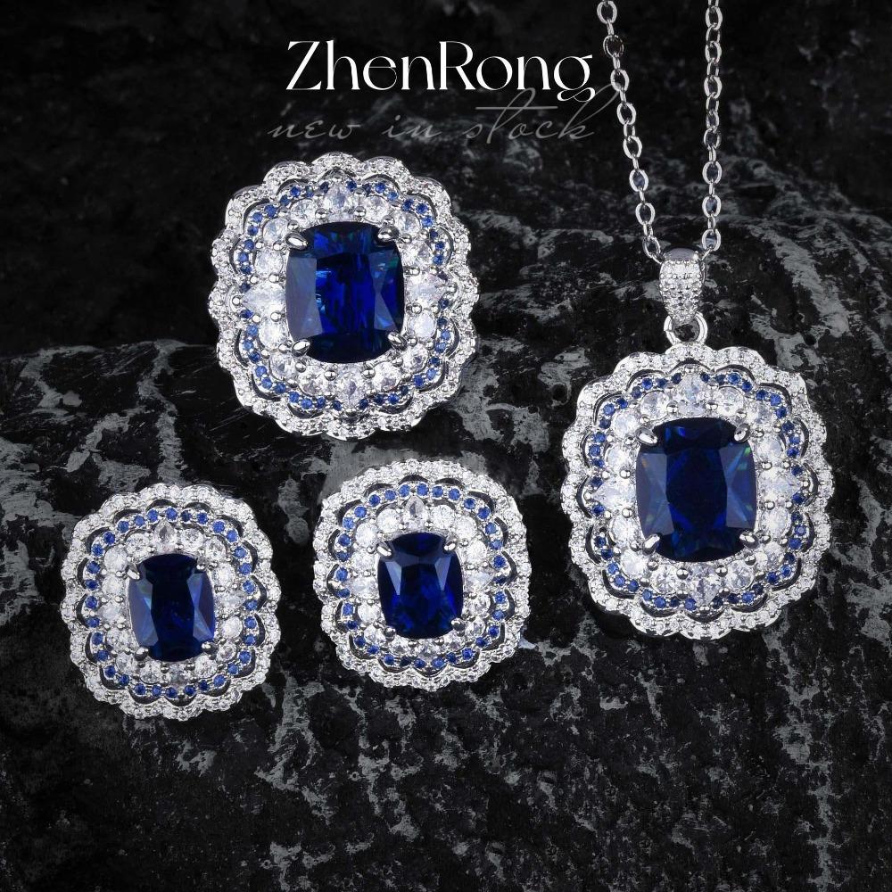 Women Jewelry Set Simulated Emerald Royal Blue Sapphire Pendant Open Ring Micro Inlaid Earrings