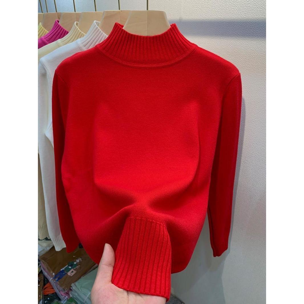 Водолазка однотонный свитер женская мода новые эластичные топы трикотажные пуловеры с длинным рукавом низ трикотажные простые шикарные одежды XL красный