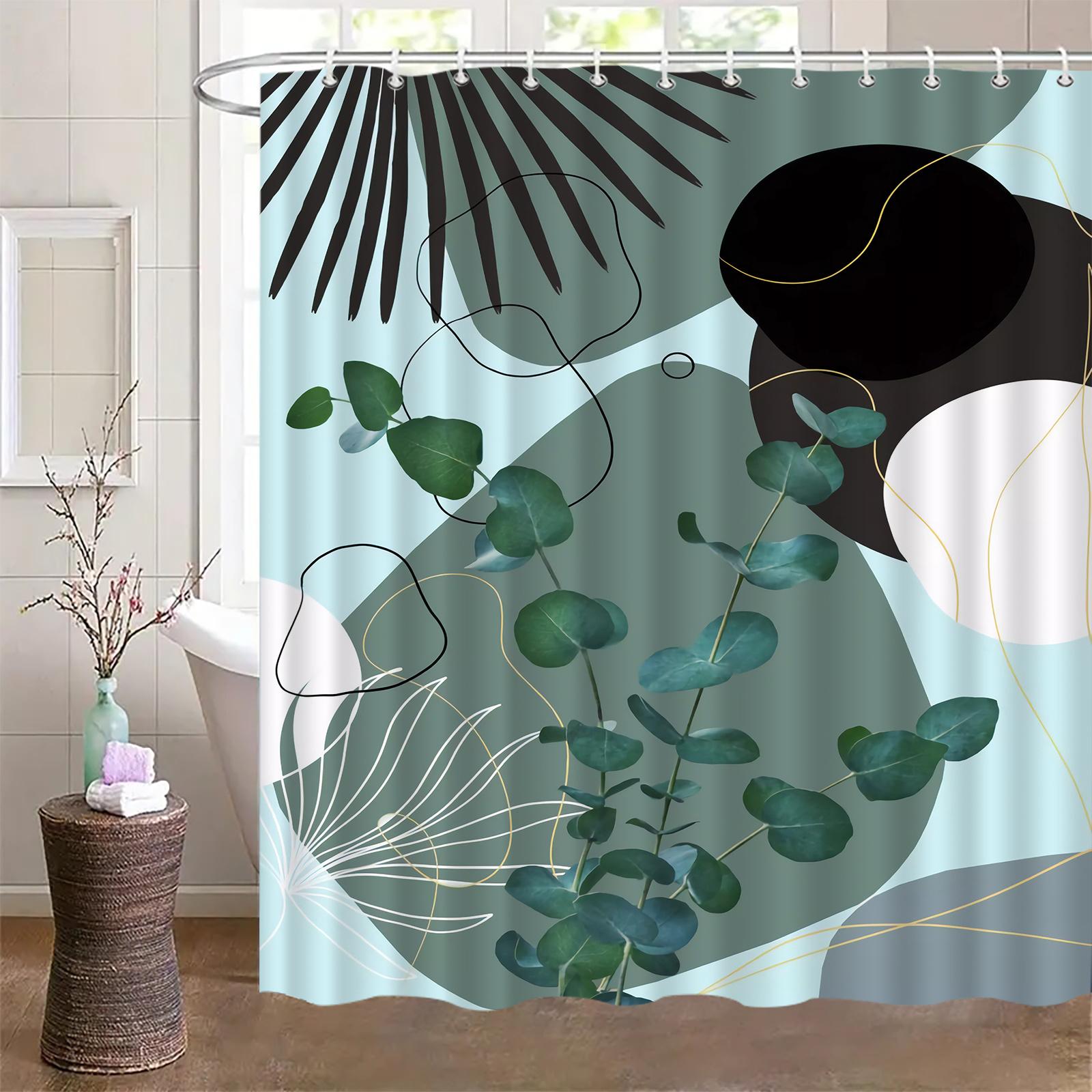 

Green Leaf Patterned Shower Curtain With Hooks, Made Of Polyester, Machine Washable, Suitable For Bathroom Decor. W60H190(CM)-1 Pcs