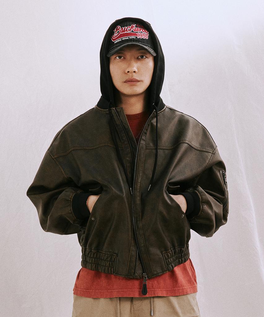 Buckaroo Faux Leather Detachable Hood Bomber Jacket Black