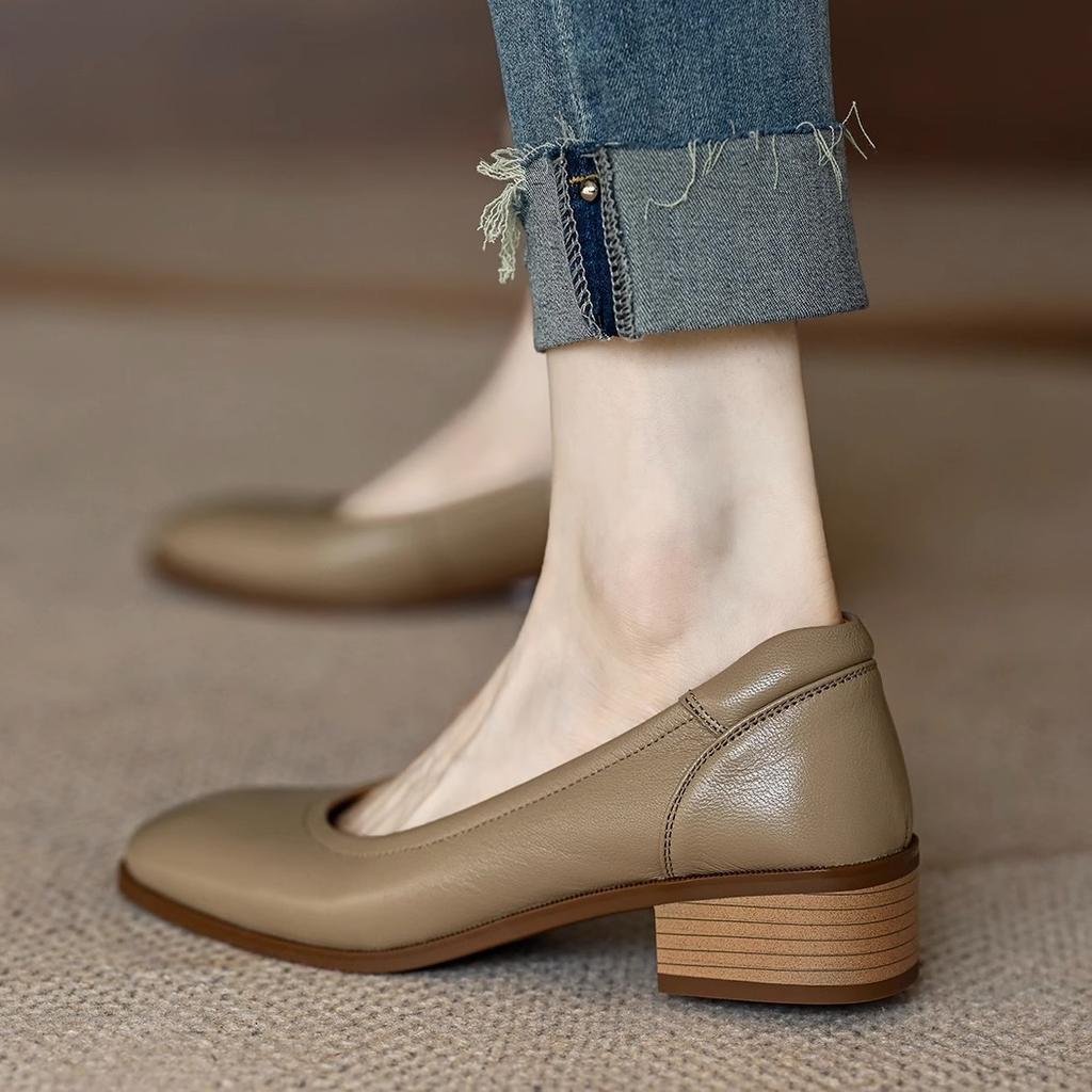 Shallow French Temperament Thick Heel Women's Shoes Spring and Autumn 2025 New Retro Square Head Soft Leather Non-grinding Feet Single Shoes Women