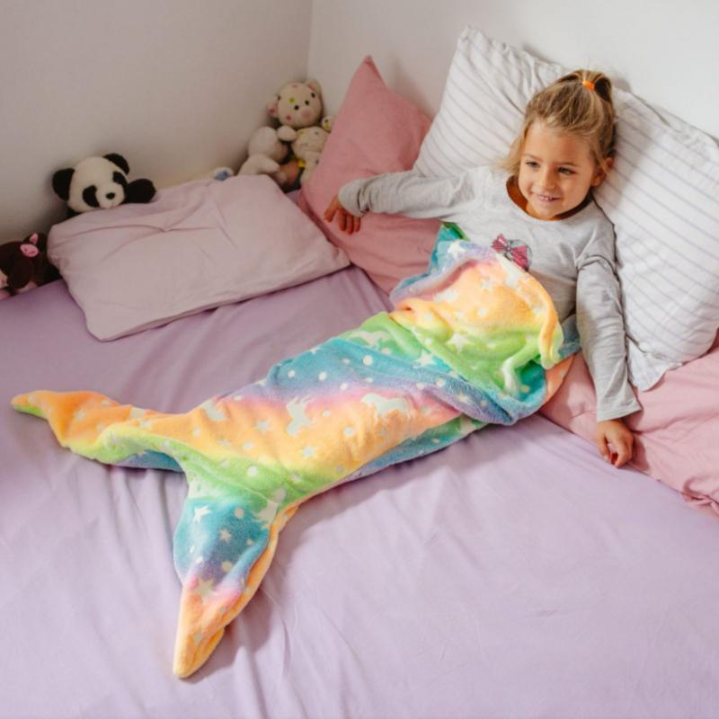 Cartoon Rainbow  Mermaid Tail Blanket Super Soft Glow In The Dark Flannel Mermaid Tail Blanket Girls Sleeping Bag
