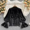 Satin Loose Shirt Long Flared Sleeves Ruffles O Neck Beading  Women Gentle Office Lady Casual Blouse