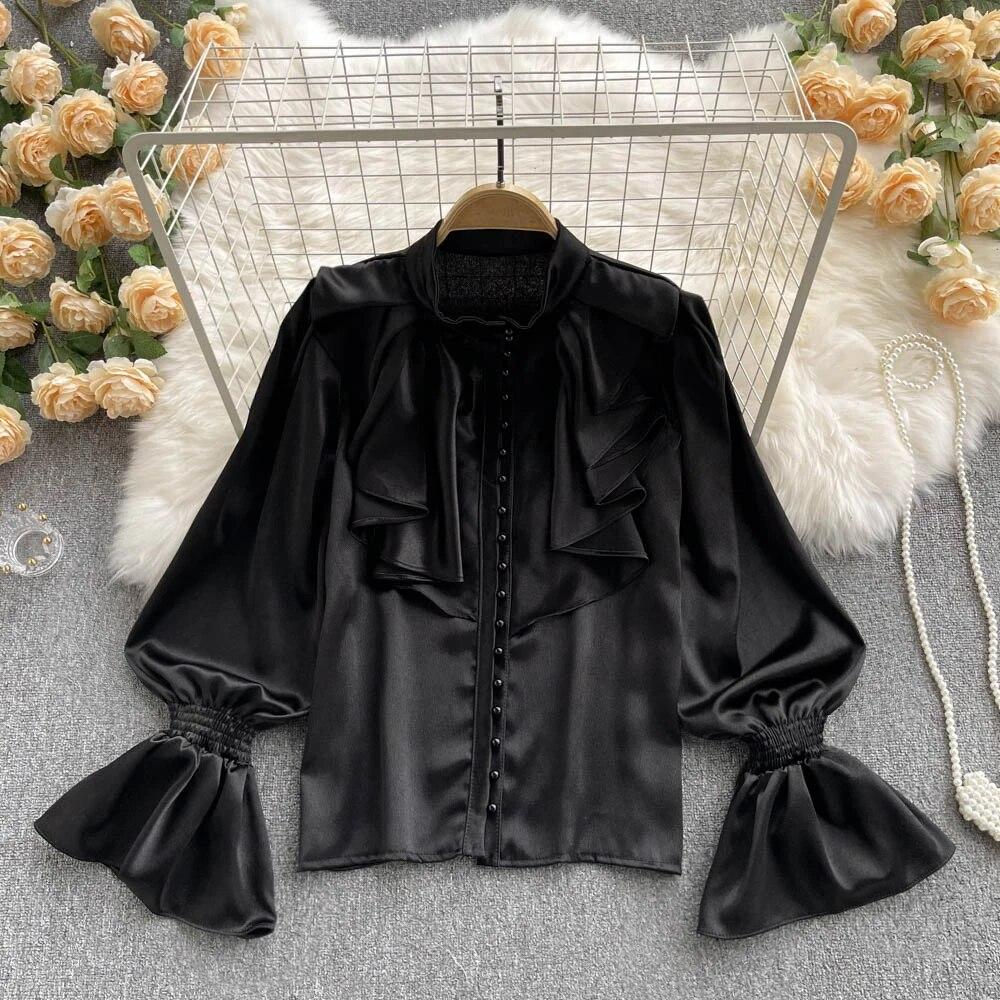 Satin Loose Shirt Long Flared Sleeves Ruffles O Neck Beading  Women Gentle Office Lady Casual Blouse