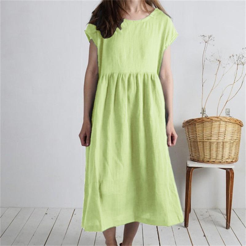 Women's Mid-Length Cotton Linen Dress - Round Neck, Short Sleeve, Solid Color, Pleated, Loose-Fit Casual Design