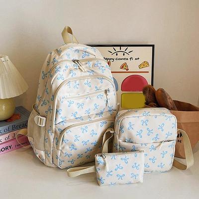 Three-piece Bag Large Capacity Backpack  Fashion Bow Print With Crossbody Bag And Small Purse Gentle Cute Casual Backpack