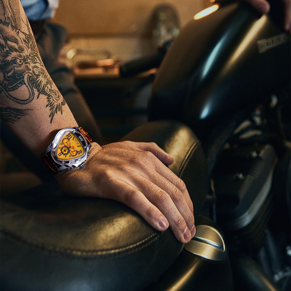 Jaragar Sport Módní Design Pouzdro s geometrickým trojúhelníkem Hnědý kožený řemínek s 3 ciferníky Pánské hodinky Top značka Luxusní automatické hodinky Hodiny
