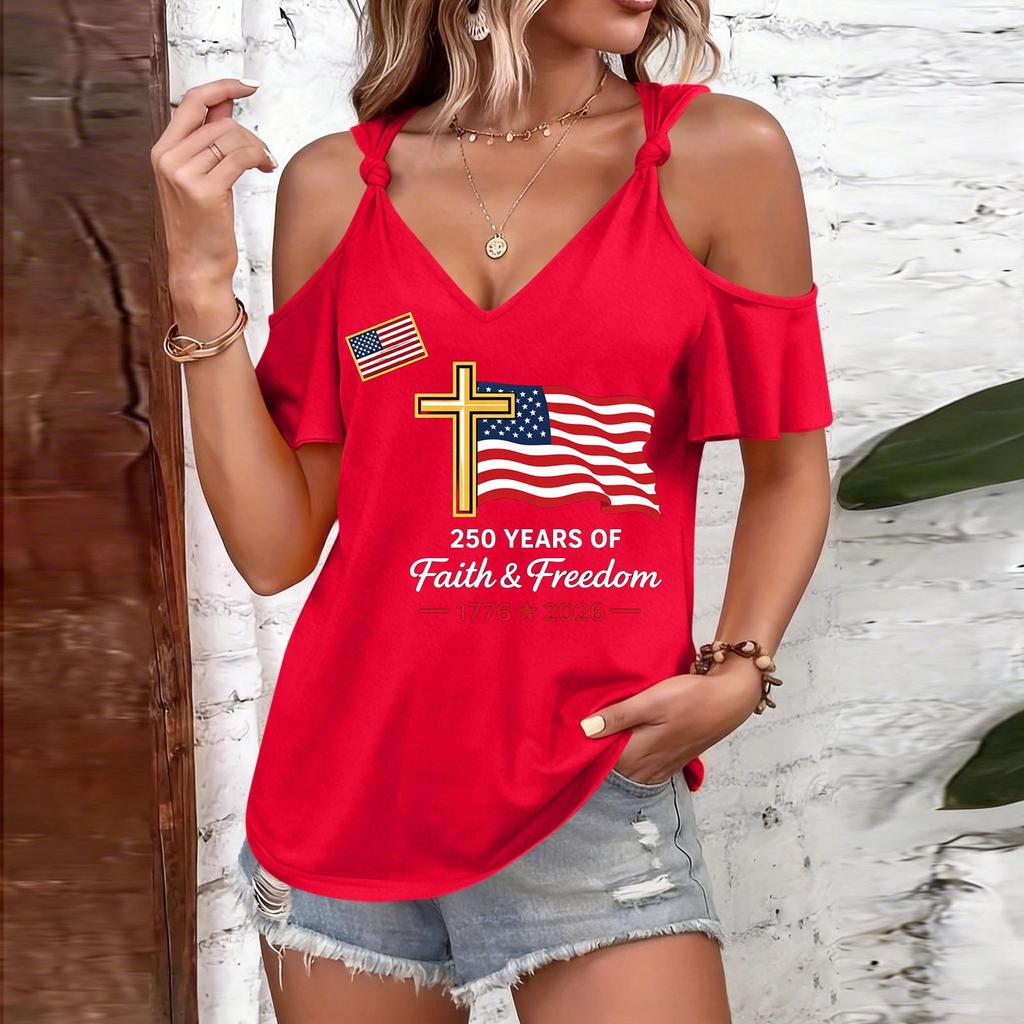T-shirt décontracté pour femme à manches courtes et épaules dénudées avec imprimé Jour de l'Indépendance, col rond, coupe ample