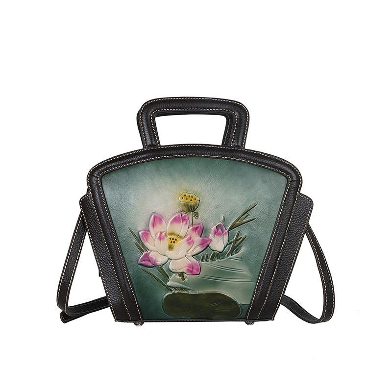 New Handmade Top Layer Cowhide Single Shoulder Crossbody Bag with Retro Flower Design Casual and Versatile Fan-shaped Bag