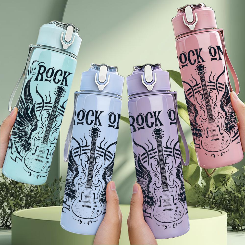 1PC Rock On Wing Guitar Graphic,750ml Color Plastic Sports Water Bottle,Leakproof Flip Straw Lid,Suitable for Sports Office Home Use