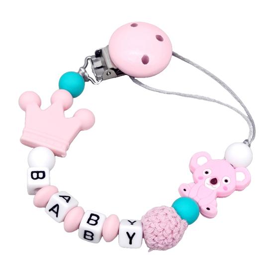 Pacifier Clip with Silicone Beads & Wooden Letters BPA-Free Baby Teething Necklace Anti-Loss Soother