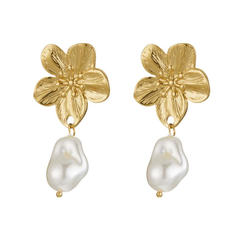 Trendy Gold Color Flower Shaped Earrings for Women Minimalist Imitation Pearls Drop Earrings Friendship Party Jewelry Gifts