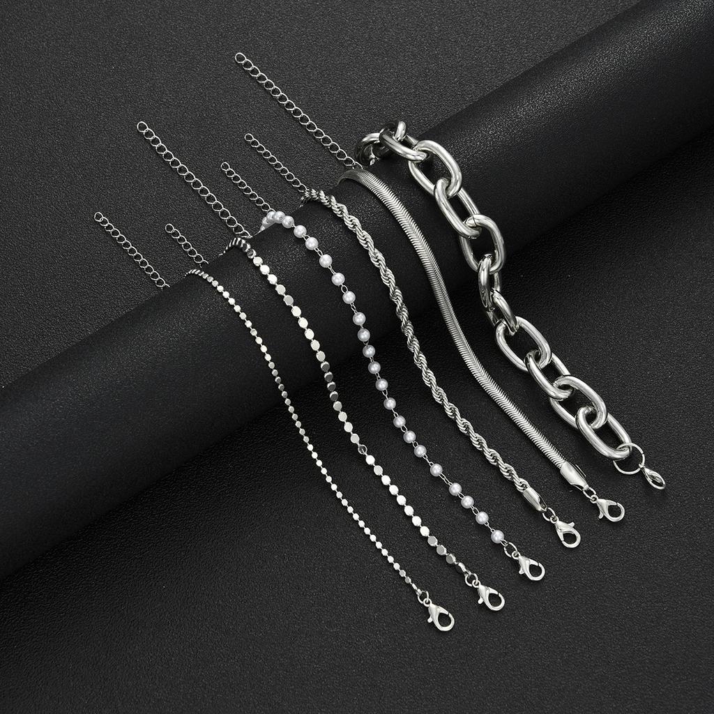 6pcs Vintage Pearl Snake Chain Bracelet Set For Women Fashion Chunky Flat Round Design Twisted Chain Bracelet Daily Wear Jewelry