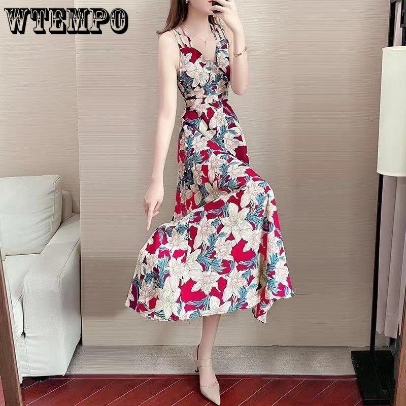 WTEMPO Summer Women's Large Size Dress Slim and Thin Floral Dress Waist-skimming Temperament Beach Dress Loose Print Floral Dress