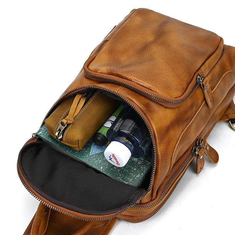 New Men'S Leather Breast Bag, Retro Tree Paste Leather Shoulder Bag, First Layer Cowhide Large-Capacity Messenger Bag