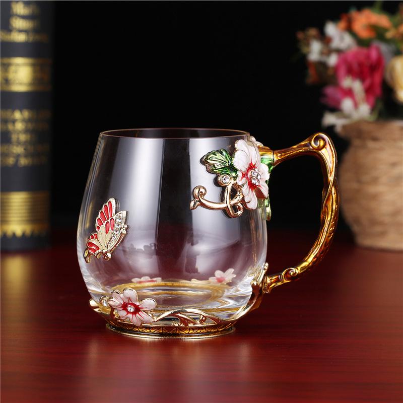 Heat-Resistant Enamel Flower Tea Cup, Creative Painted Crystal Glass Coffee Cup with Handle