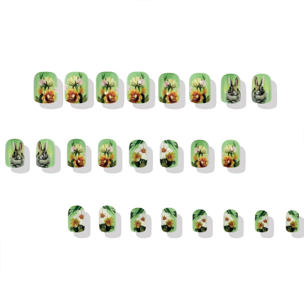 Easter Theme Green Square Fake Nails Reusable Long Lasting Press On Nails for Working Dating or Partying
