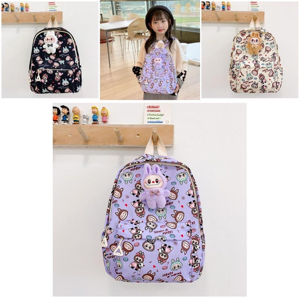 Adorable Labubu Kids Backpack Cute Trendy Preschool Dual Shoulder Bag In Beige Green Black Purple Blue Pink