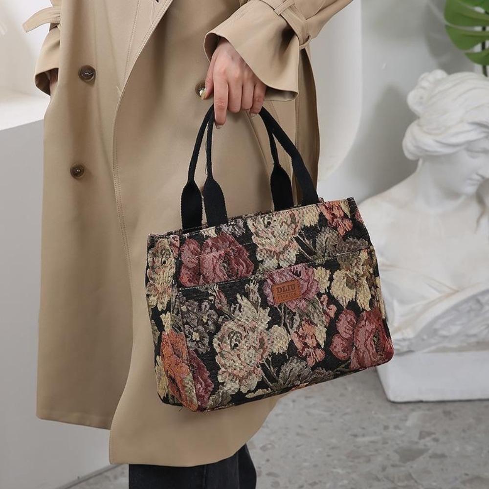 Portable Floral Print Women's Tote Bag Canvas Thickened Lunch Bag Large Capacity Zipper Jacquard Handbag