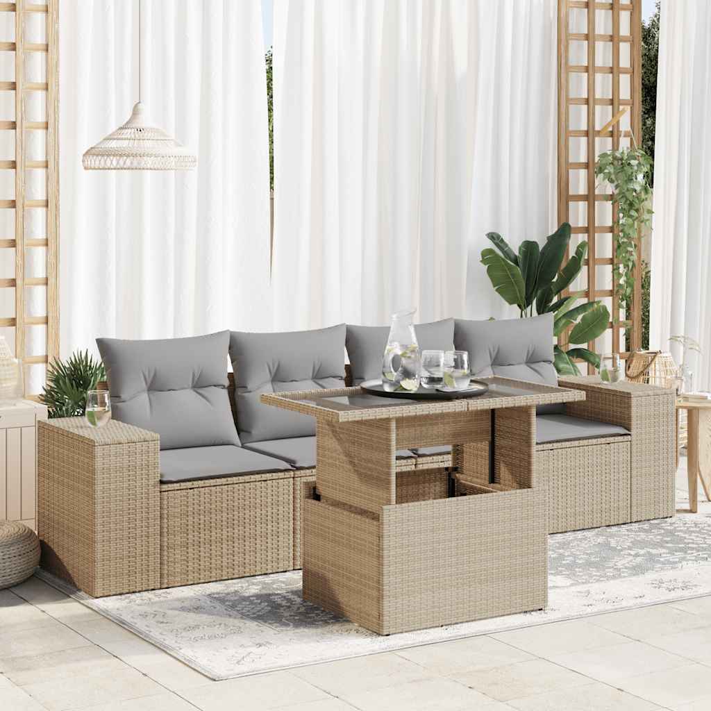 Vidaxl 5-Cz. Garden Furniture Set With Cushions, Beige, Poly Rattan