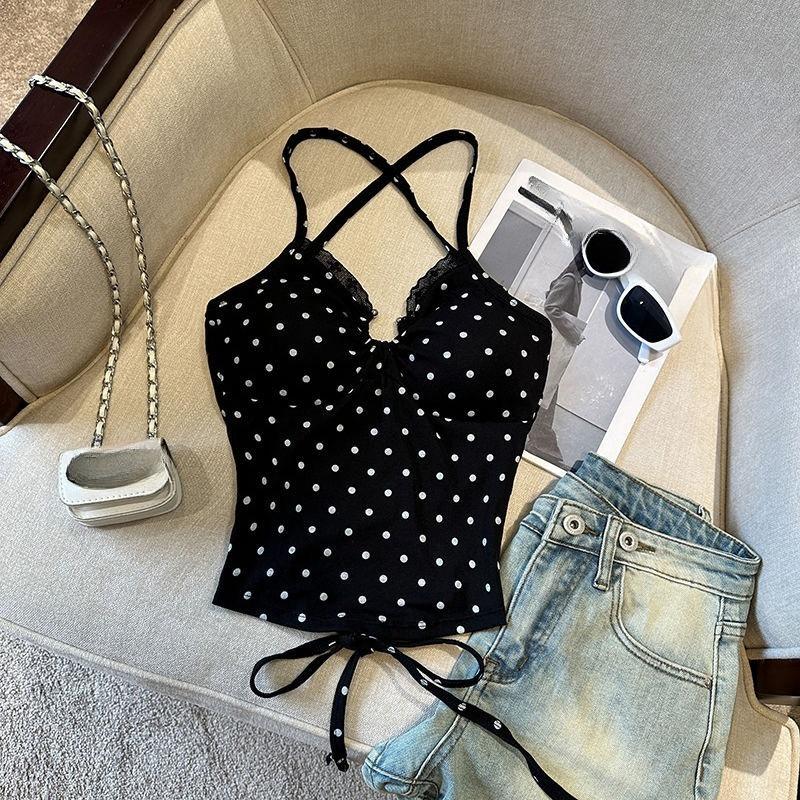 

Женский топ-майка в горошек с бретелью на шею и вставками на груди, с красивой спиной, облегающий топ с бретелью на шею One size (fits 37.5-62.5kg) чёрный