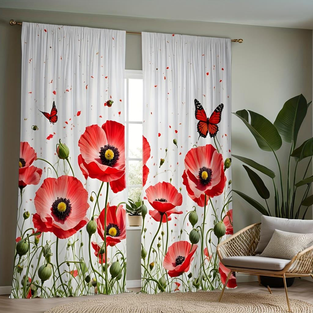 Tende con Papaveri Rossi 2pz – Stampa Realistica Fiore e Farfalla, Decorazione Giardino Romantico per Soggiorno e Camera da Letto