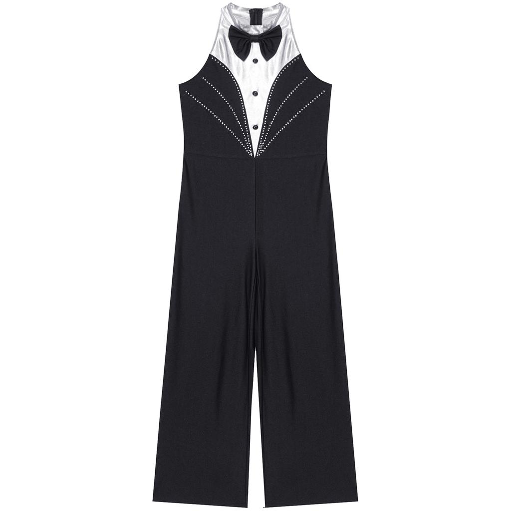 Children‘s Sparkly Rhinestone Color Block Sleeveless Jazz Dance Bodysuit Metallic Patchwork Jumpsuit for Performance Competition