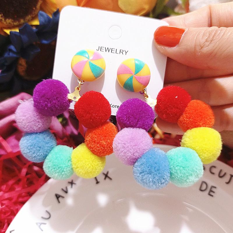 

Colorful Bohemian Pompom Hoop Earrings with Nepalese Ethnic Cartoon Mushroom Design