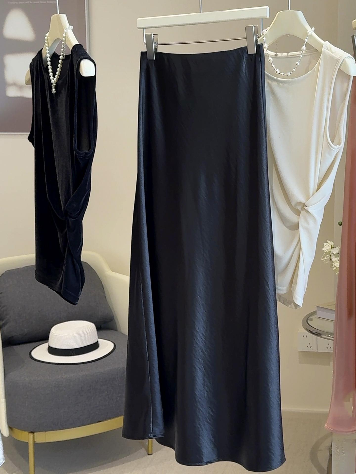 Шелковая сатиновая юбка-миди с высокой талией для женщин 2025 года - Облегающий силуэт  русалка M чёрный