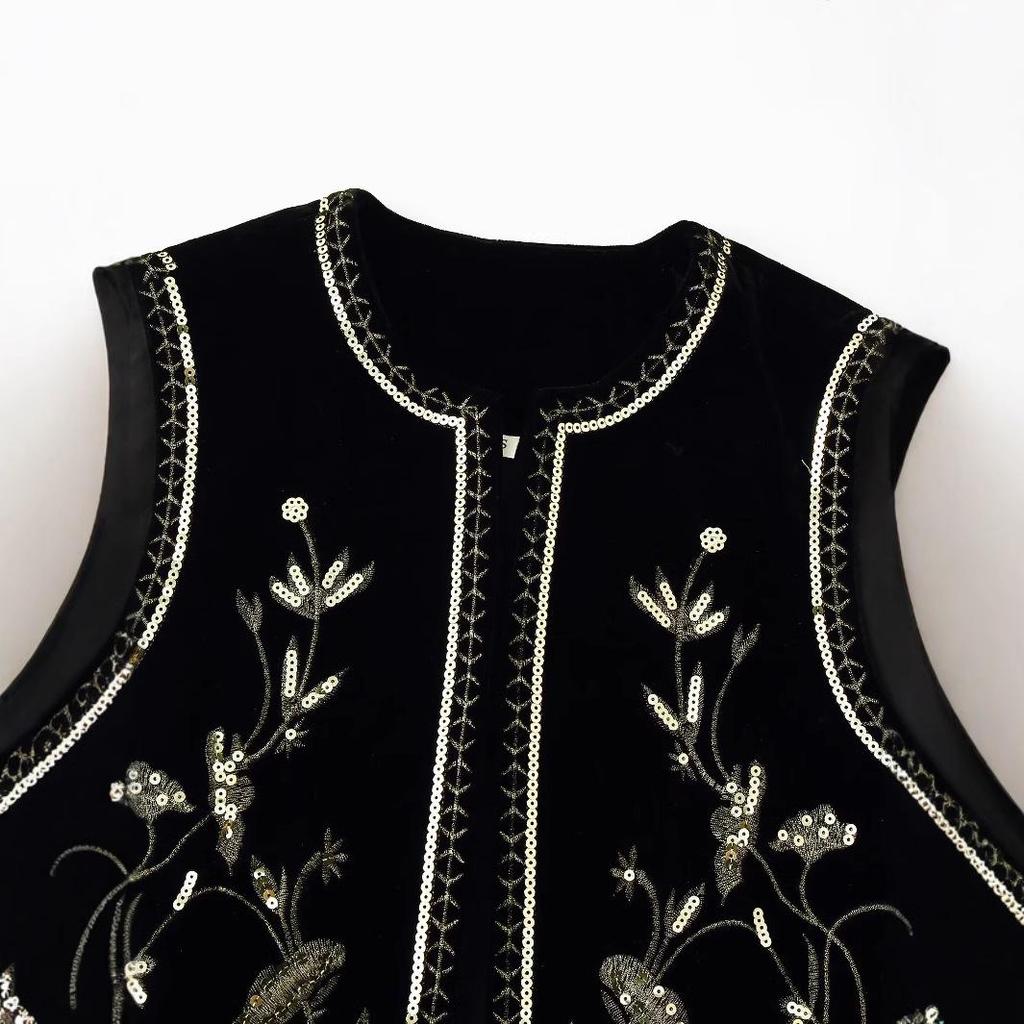 2024 Autumn Velvet Sequin Embroidered Sleeveless Open-front Women's Vest