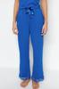 Women's Fashion Blue Lace and Ribbon Bow Detailed Viscose Knitted Pajama Set with Rope Strap