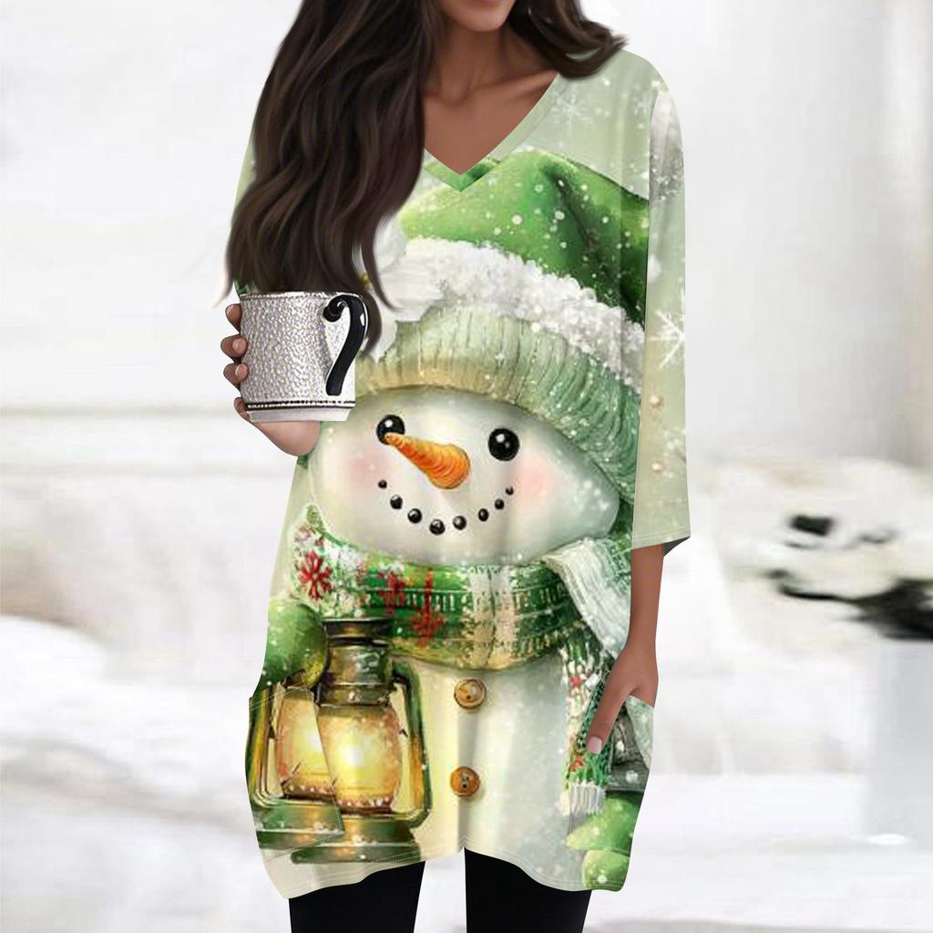 Womens Tops V-neck 3/4 Sleeve Blouses Casual Mid-length Shirts Fashion Christmas Print Tunic Tops With Pockets