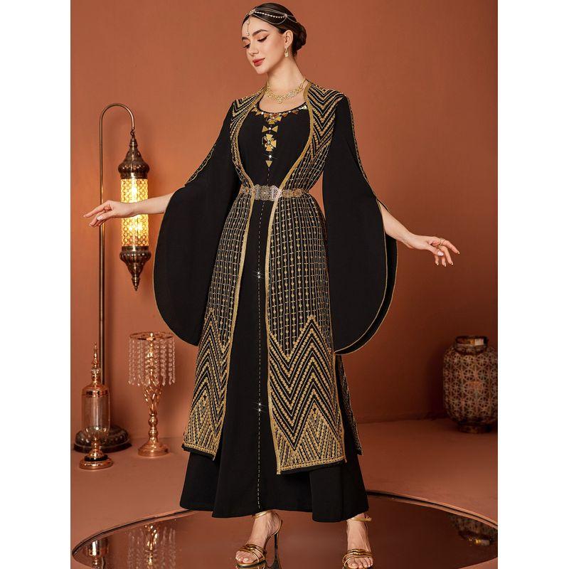 Arabic Retro Gold Embroidery Black Fake Two-Piece Robe Plus size Indonesian Open Sleeve Dress Dress