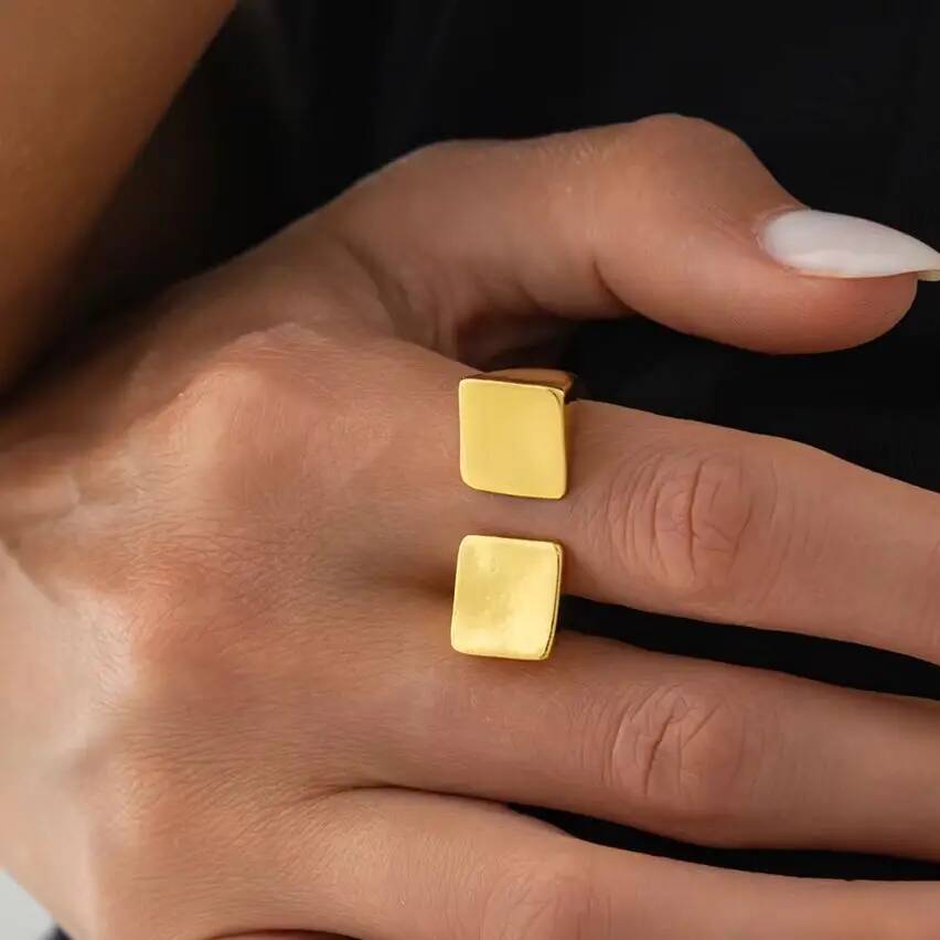 Salircon Vintage Gold Color Square Shape Metal Rings Women Trendy Simple Adjustable Open Knuckle Finger Ring Jewelry Accessories